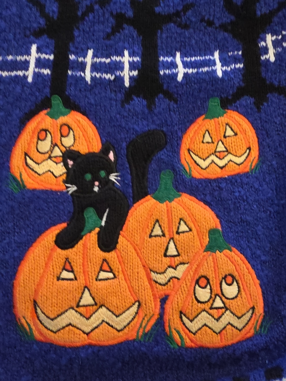 Mandal Bay Vintage 90s Halloween Zip Knit Cardigan Pumpkin Black Cat Bats XL - Picture 9 of 16